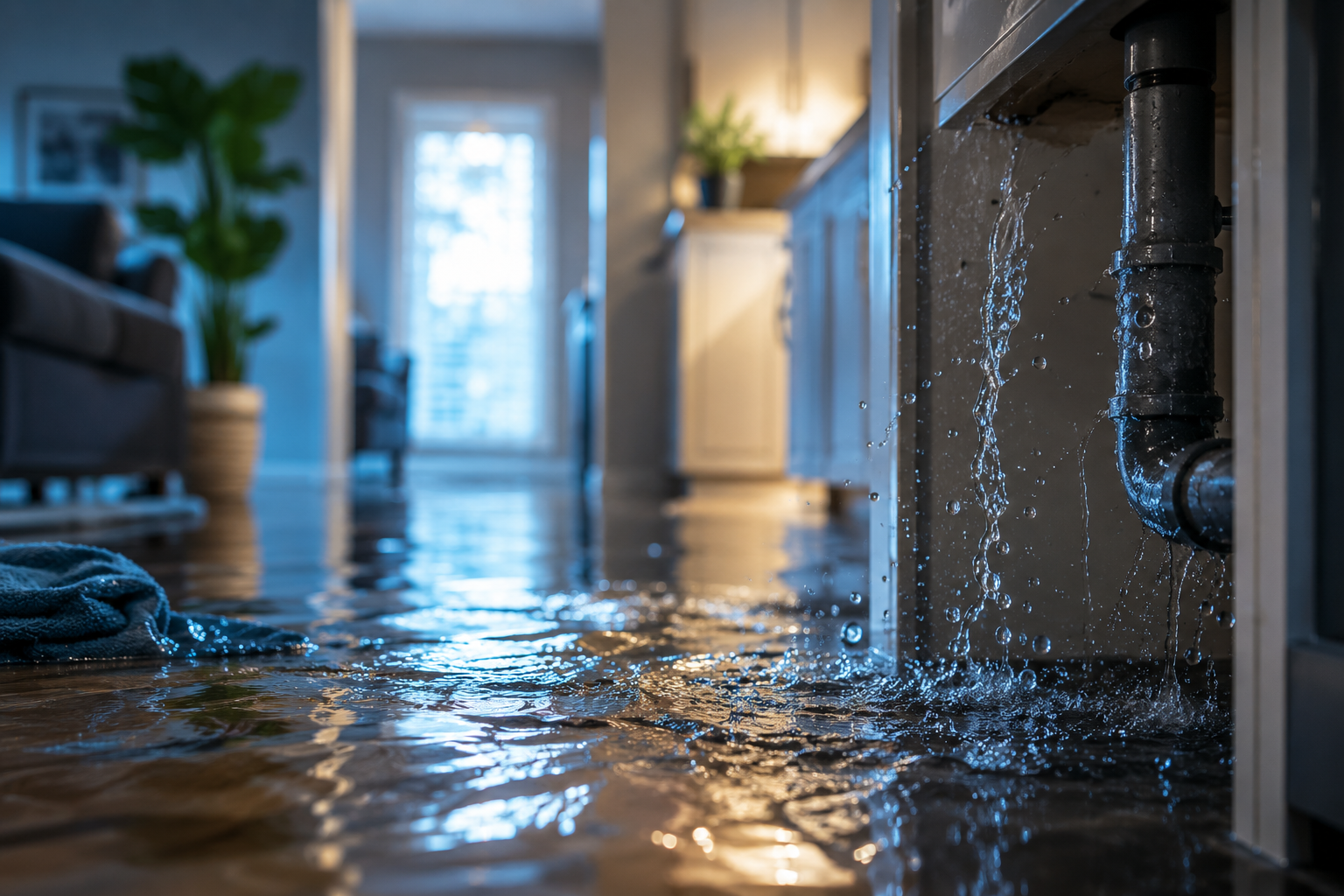 Emergency plumbing leak and water damage in a home