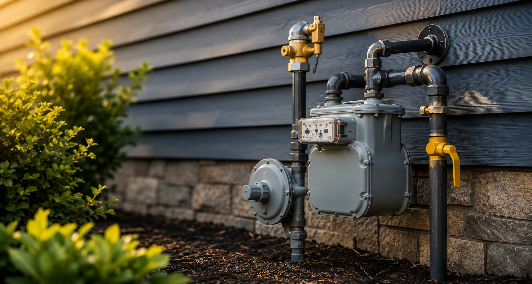 Modern residential gas line and meter installation beside home exterior