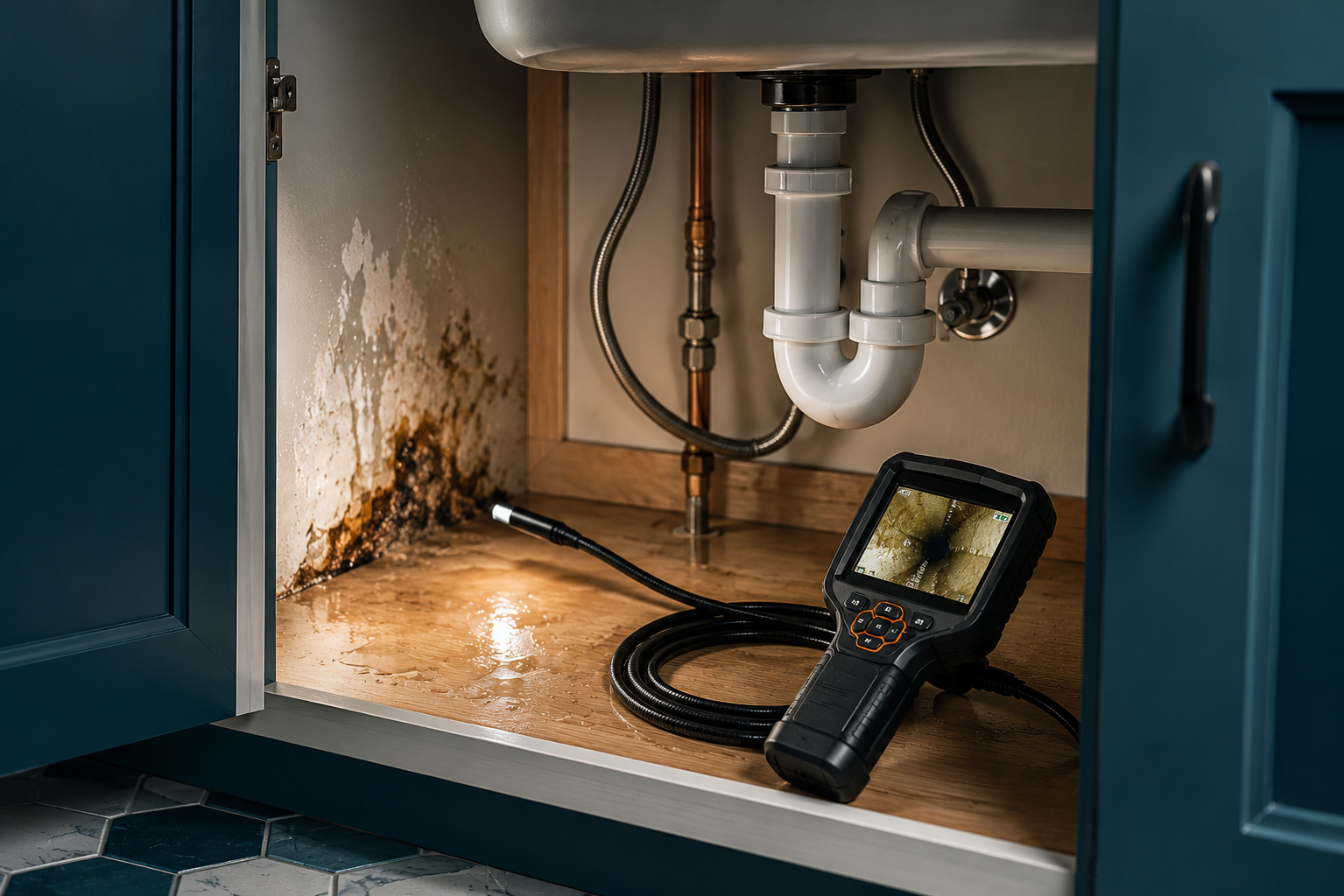 Leak detection under a sink with visible plumbing and moisture damage