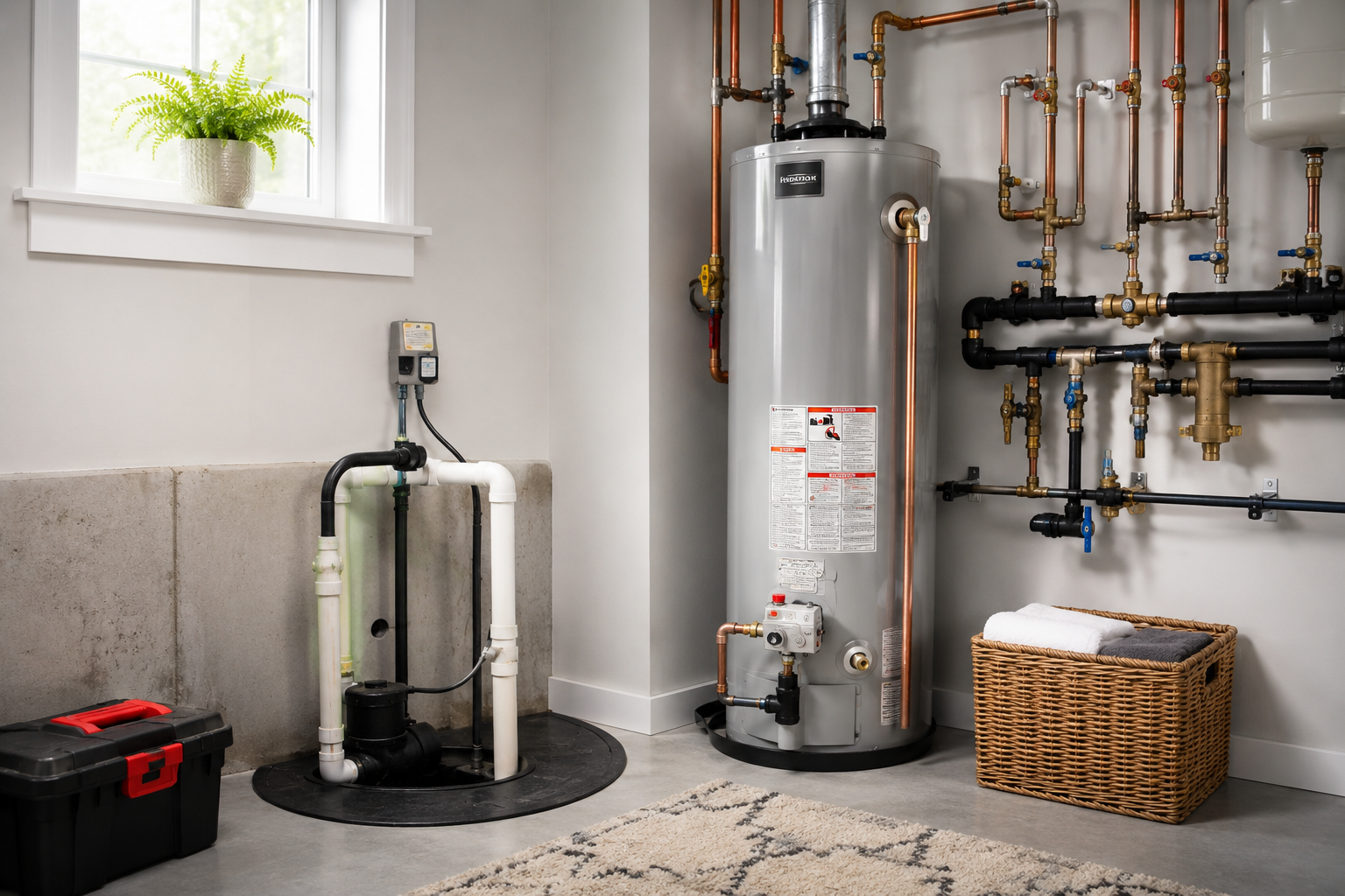 Clean residential plumbing utility room with water heater, sump pump system, and organized piping