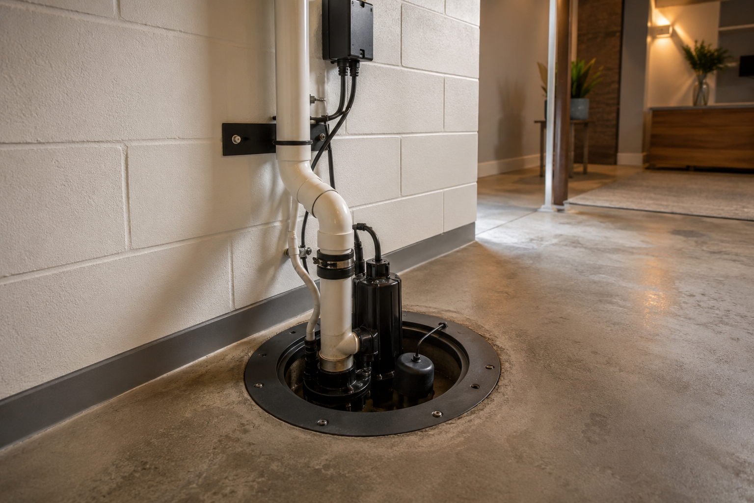 Modern residential sump pump system installed in a clean basement by Clark Plumbing