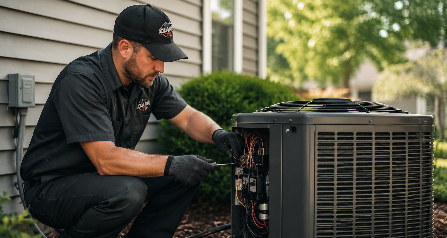 Clark Family Plumbing technician performing AC repair in Akron Ohio